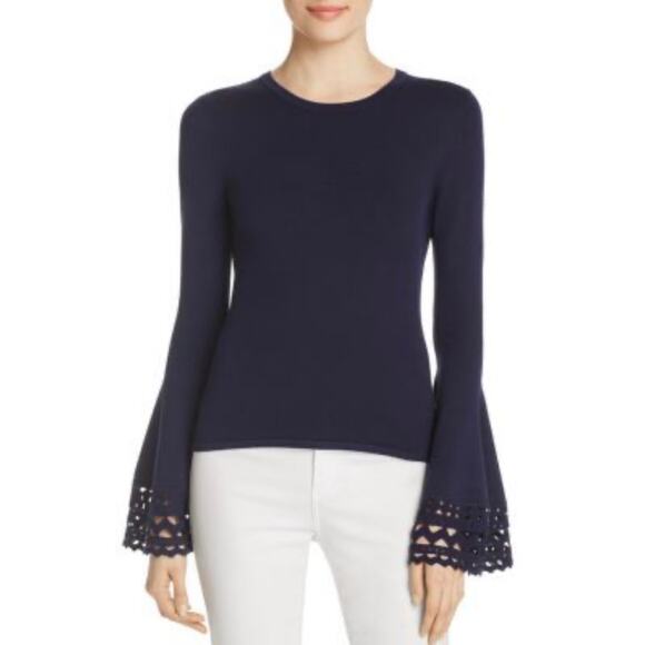 Milly White Cut-Out Flare Long Sleeve Knit Pullover Sweater Top Size M - Picture 2 of 10